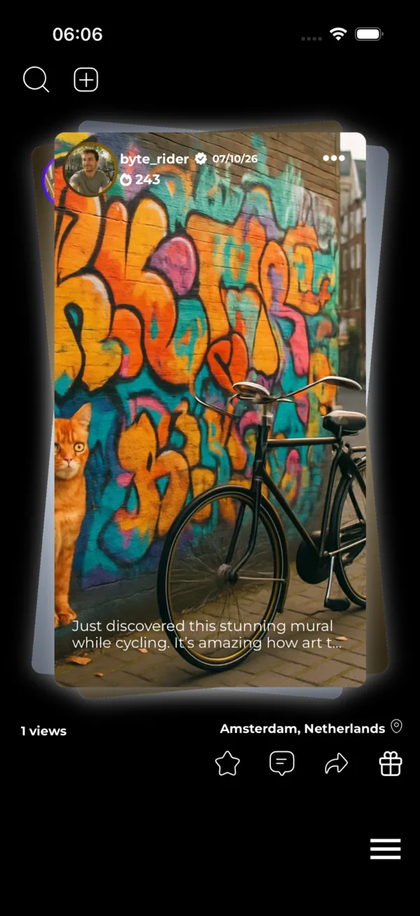 Le fil de l’app : une carte avec une photo de street art à Amsterdam.