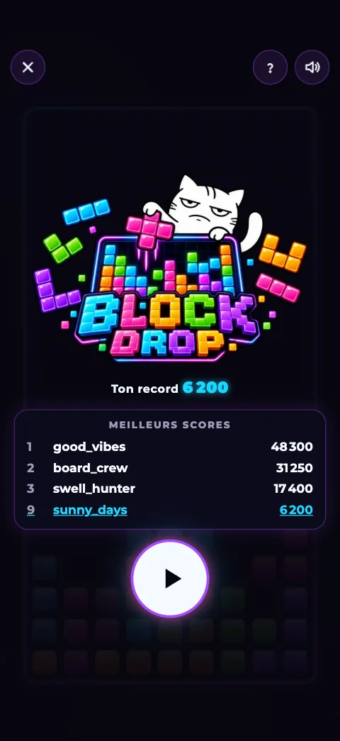 Jeu Block Drop : accueil avec le logo et les meilleurs scores.