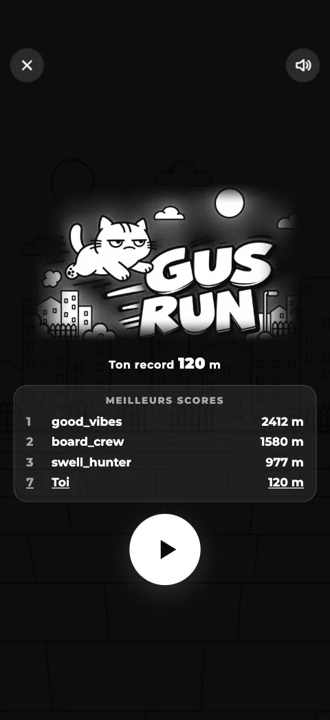 Jeu Gus Run : accueil avec le logo, Gus court en ville.