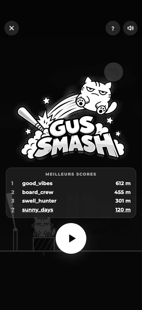 Jeu Gus Smash : accueil avec le logo, Gus frappé par une batte.