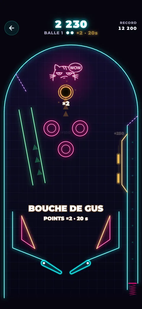 Jeu Neon Pinball : flipper néon, bonus Bouche de Gus.